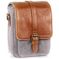 Brown leather and grey canvas Praktica Heritage binocular bag with cotton fabric and buckle closure.