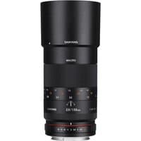 Black Samyang 100mm F2.8 Nikon E lens, sleek design, red accent ring, focus and aperture markings, macro capability.