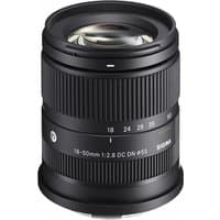 Black Sigma 18-50mm f/2.8 DC DN C Lens for Canon RF, compact design with textured zoom and focus rings.