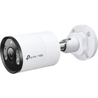 White TP-Link bullet IP security camera with black face, lens, and infrared LEDs, mounted on adjustable bracket.