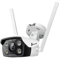 White TP-Link VIGI 4MP outdoor bullet camera with dual antennas and full-color night vision lens.