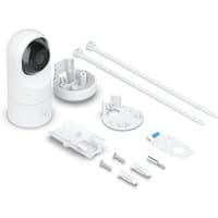 White Ubiquiti G5 Flex Dome IP camera with black lens, mounting accessories, and cables for indoor and outdoor use.
