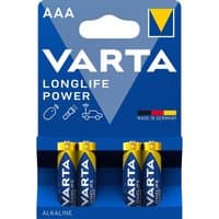 Varta AAA 1.5V High Energy batteries in blue and yellow blister pack, four batteries visible.