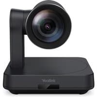 Black Yealink UVC84 USB PTZ camera with sleek design, large lens, and adjustable base for video conferencing.