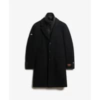 Black 2-in-1 Superdry Tailored coat with inner zip-up layer, button closure, and subtle logo on sleeve.