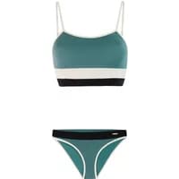 Teal 2-piece swimsuit with white and black trim, featuring a tank-style top and matching bikini bottoms.