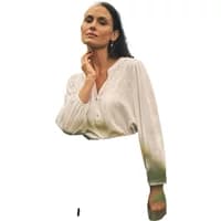 White 3/4 sleeve women's blouse by Greenpoint with button front and subtle pleats.