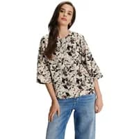 3/4 sleeve women's sweatshirt by Greenpoint, floral pattern in black and white, loose fit, paired with blue jeans.