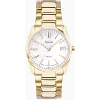 Gold Accurist ladies watch with stainless steel bracelet, white dial, and 30mm case.