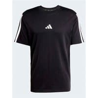 Black Adidas T-shirt with white 3-stripes on sleeves and logo on chest, size XS.