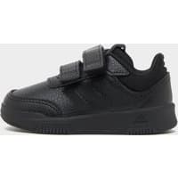 Black Adidas infants' shoes with hook and loop straps, textured surface, and grey accents.