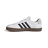 White adidas VL Court 3.0 shoes with black stripes, gum sole, and gray heel tab.