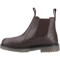 Brown leather Chelsea boot with elastic side panels, pull tabs, and a rugged sole.