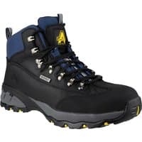Black Amblers Safety boot, size 8, with blue accents, metal eyelets, reinforced toe, and rugged sole.