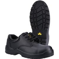 Black Amblers Safety lace-up shoe, composite toe, slip-resistant sole, size 5, with yellow logo on sole.