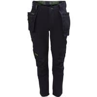 Black stretch holster trousers with multiple pockets, size 36W/31L, featuring reinforced knees and adjustable waistband.