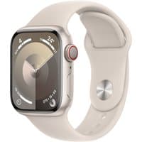 Apple Watch Series 9, 41mm Starlight Aluminum Case, GPS + Cellular, soft beige sport band, rounded display.