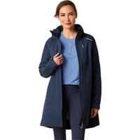 Navy blue long waterproof parka with hood, zipper closure, and ARIAT logo on chest.