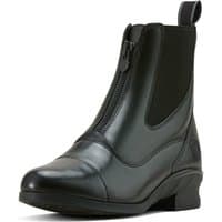 Black Ariat women's paddock boot, UK 5, with front zipper, rounded toe, and elastic side panels.