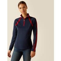 Navy and red Ariat women's Sunstopper 3.0 1/4 zip baselayer, long sleeves, small size, athletic fit.