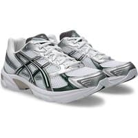 White and forest night Asics Gel-1130 trainers with mesh upper, metallic accents, and signature side stripes, size 8.