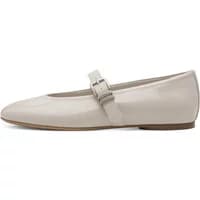 Beige Tamaris ballet flats with a glossy finish and side buckle strap.