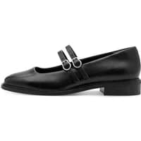 Black Tamaris ballet flats with dual buckle straps and low block heel.