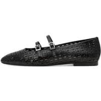Black Tamaris ballet flats with perforated design, dual buckle straps, and flat heel.