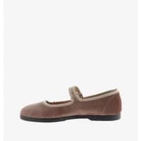 Brown Victoria Gong-Fu ballet flats with strap, beige trim, and black sole.