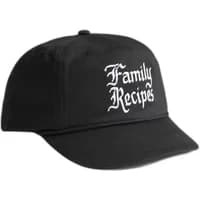 Black baseball cap with "Family Recipes" in white Gothic script on the front.