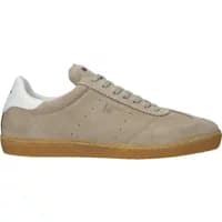 Beige suede sneakers with white heel tab, gum sole, and perforated detailing, Blackstone Sage Cleo model.