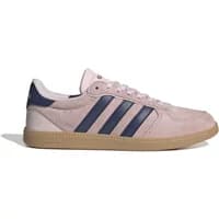 Pink Adidas Breaknet Sleek women's sneakers with navy stripes, white heel tab, and gum sole.