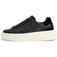 Black Guess Elba sneakers with monogram pattern, lace-up design, and thick white sole.
