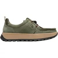 Olive green Kleman sneaker with tan sole, moccasin-style stitching, and black treaded outsole.