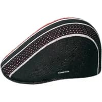 Black Kangol beret with red and white stripes, textured fabric, and curved design.
