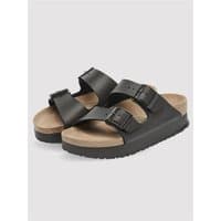 Black Birkenstock Arizona Pap Flex Platform sandals with two adjustable straps and cork footbed, size 41.