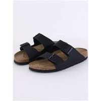 Black Birkenstock Birko-Flor Arizona sandals with two adjustable straps and cork footbed, size 40.