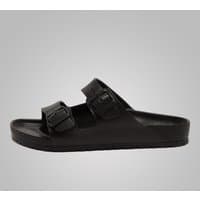 Black Birkenstock Arizona EVA sandals with dual adjustable straps and contoured footbed.