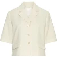 Cream-colored Moss Copenhagen blazer with short sleeves, notched lapel, and three-button front.