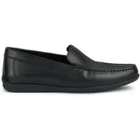 Black Geox Ascanio boat shoes with leather upper, moccasin-style stitching, and slip-on design.