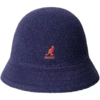 Navy blue Kangol bucket hat with textured fabric and red kangaroo logo on the front.