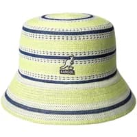 Kangol bucket hat with yellow, blue, and white stripes, featuring a kangaroo logo on the front.