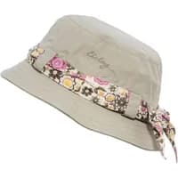 Beige bucket hat with floral band and embroidered logo on the front.