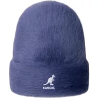 Blue Kangol Furgora Cuff beanie with fuzzy texture and white kangaroo logo on the front.