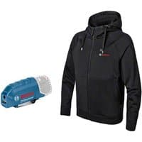 Black Bosch GHH 12-18V heated hoodie with zipper, hood, and red logo, shown with blue battery pack.