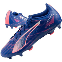 Blue soccer cleats with pink accents, white logo, and studded soles.