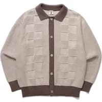 Beige cardigan with check panel design, brown collar and cuffs, button-up front by Service Works.