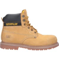 Tan Caterpillar safety boot, black padded collar, yellow logo, brown laces, rugged sole, size 9.