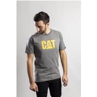 Grey Caterpillar T-shirt, size large, with yellow CAT logo on chest, worn by a man against a plain background.