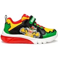 Children's Geox Ciberdron A trainers, black, red, yellow, and green with cartoon character, Velcro strap, white sole.